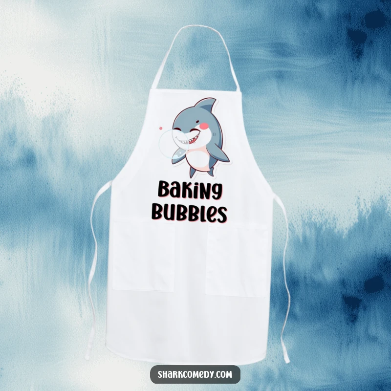 Funny shark winking and blowing a large bubble, printed on a kitchen apron, making cooking more amusing.