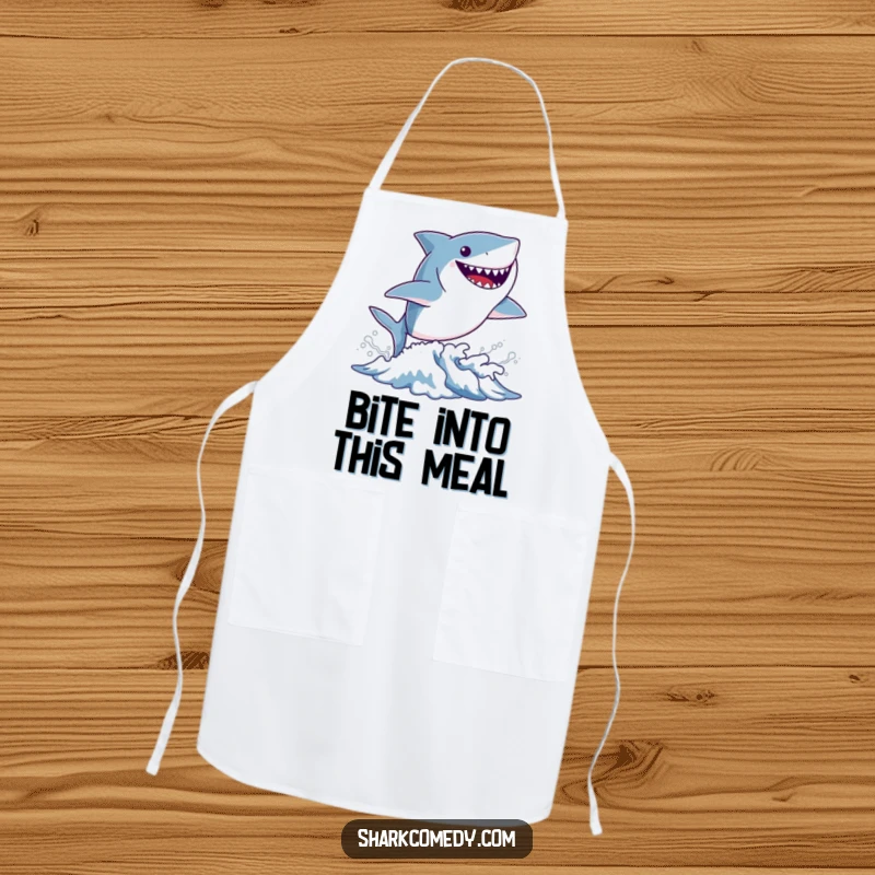 Funny tiny shark apron showing a small shark leaping from a wave with a wide, happy grin, perfect for kitchen fun.