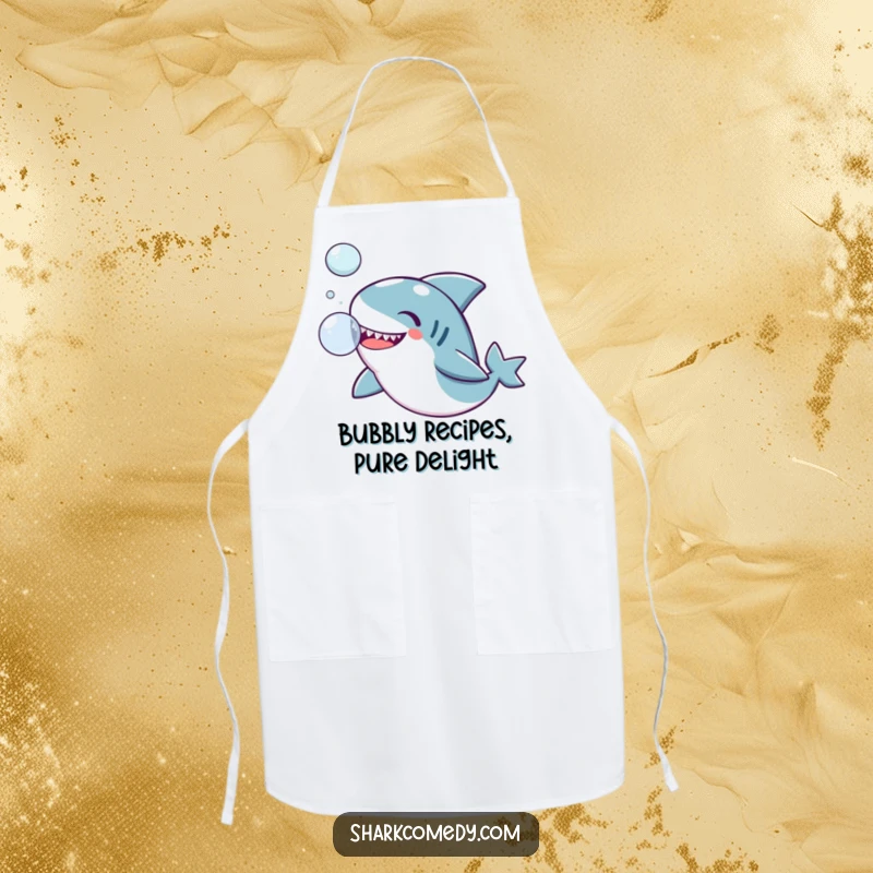 Funny Kawaii shark apron, a cute shark joyfully playing with a floating bubble, perfect for a fun kitchen experience.
