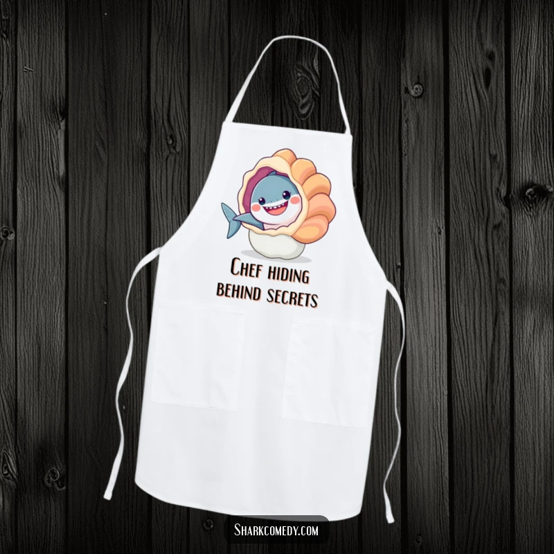 Funny apron featuring a smiling shark peeking out from behind a giant seashell. Adds humor to kitchen tasks.
