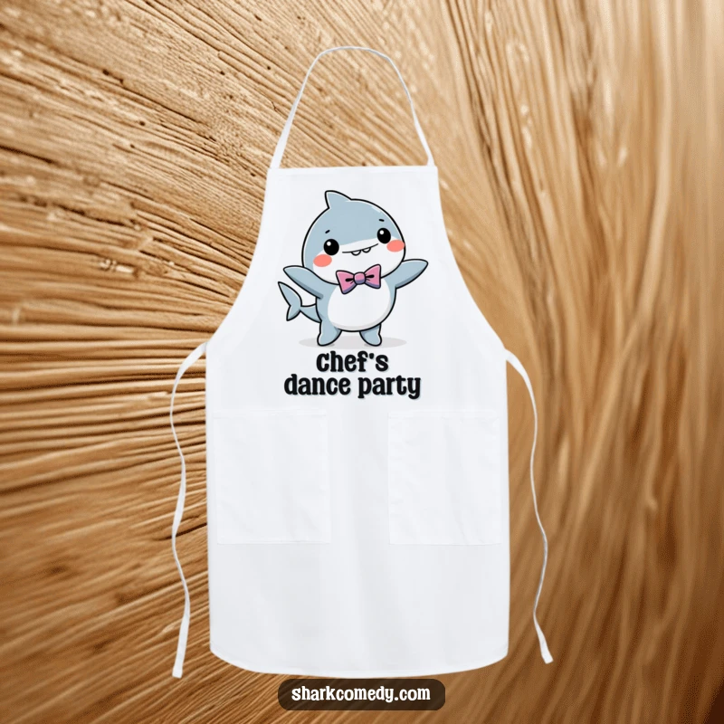 Funny kawaii shark apron featuring a shark in a bow tie, dancing energetically, ideal for cooking and as a humorous gift.