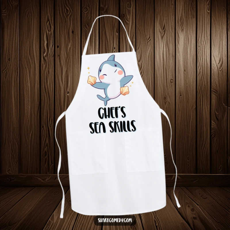 Funny shark apron, a kitchen accessory showing a shark winking and juggling three shiny seashells, bringing underwater fun to cooking.