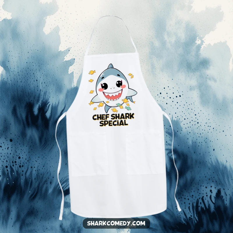 Funny apron showing a kawaii shark with a wide grin juggling tiny fish, ideal for kitchen fun and a great funny gift.