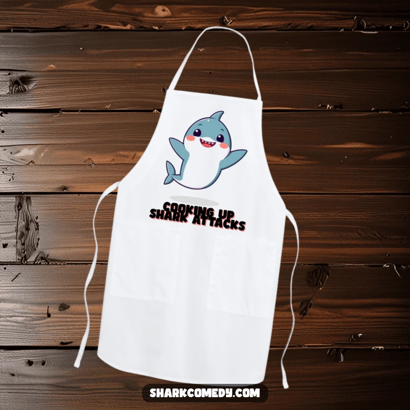 Funny kawaii shark doing a hilarious dance with flappy fins, printed on a functional apron, adding a splash of humor to kitchen adventures.