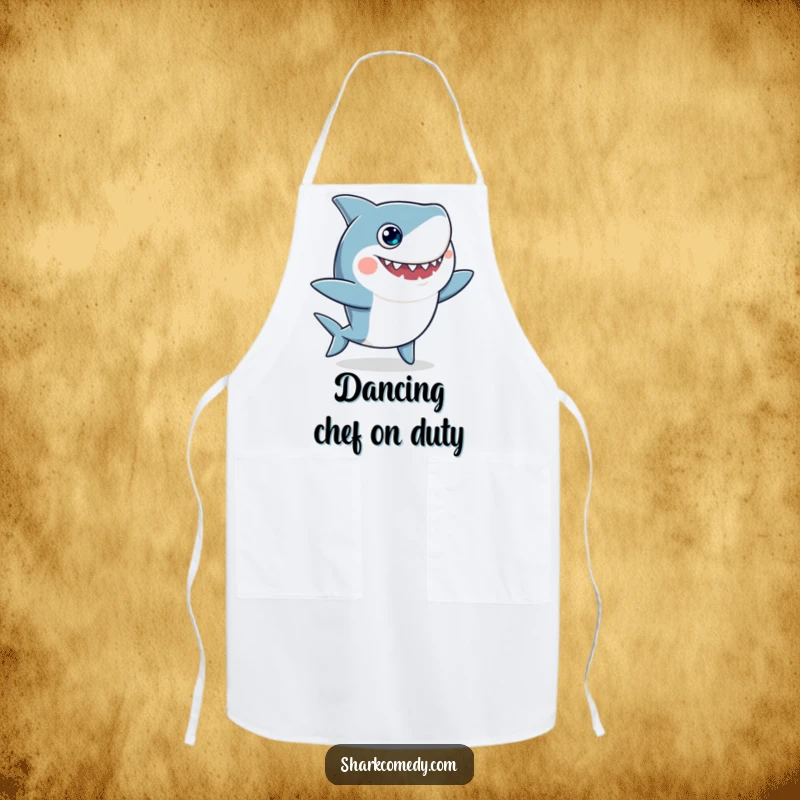 Funny apron depicting a googly-eyed shark doing a silly dance, adding a humorous element to kitchen activities and cooking.