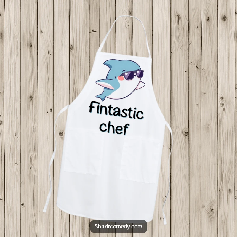 Funny kawaii shark wearing sunglasses doing a playful flip on an apron, ready to add humor to any cooking or crafting session.