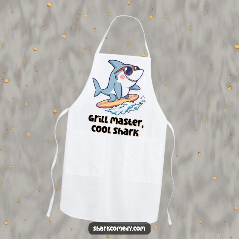 Funny cool shark apron showing a shark wearing sunglasses, surfing a tiny surfboard, perfect for kitchen fun with a cool vibe.