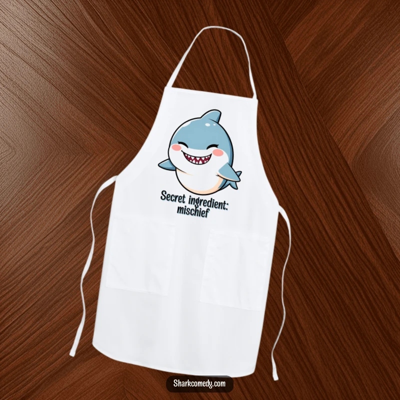 Funny Kawaii shark apron, a cute shark winking with a mischievous smile, perfect for adding humor to the kitchen.