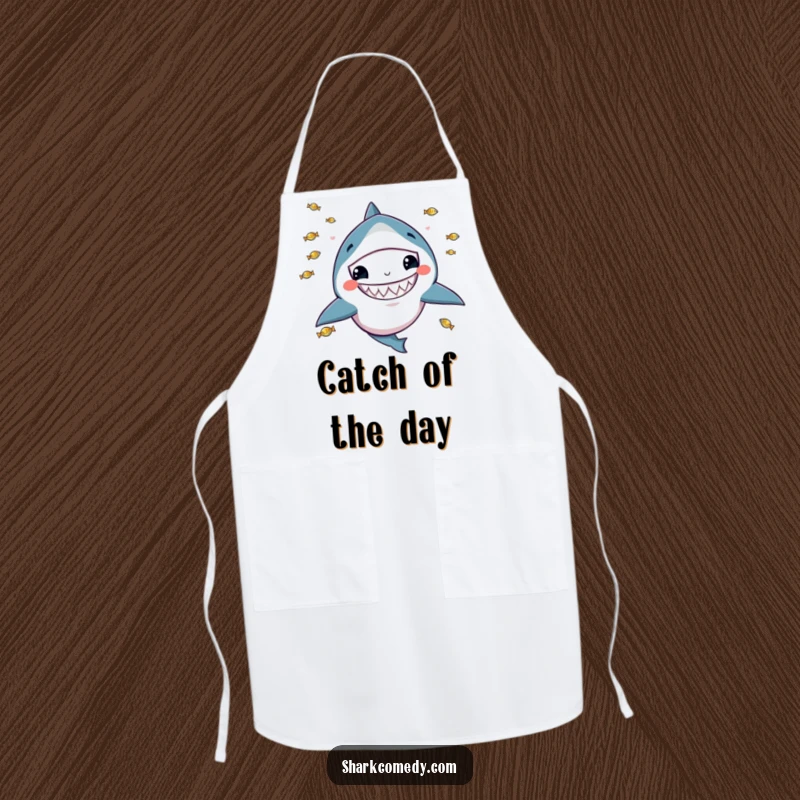 Funny apron showcasing a kawaii shark with a wide grin, juggling tiny fish, ideal for a fun and playful kitchen.