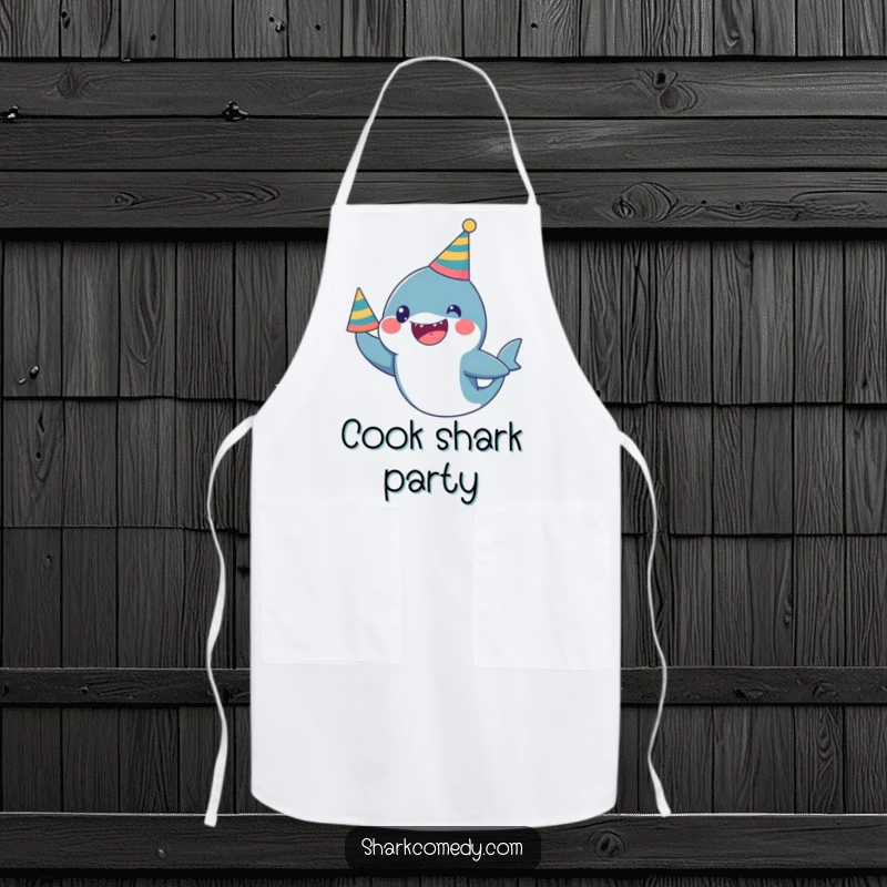 Funny Apron: A kawaii shark wearing a party hat looks excited, perfect for a humorous kitchen celebration.