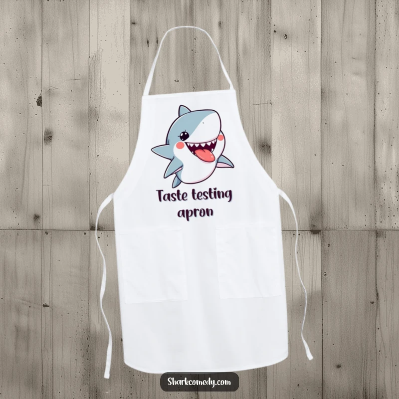 Funny kawaii shark apron featuring a cute shark sticking its tongue out playfully, adding a fun element to kitchen duties.