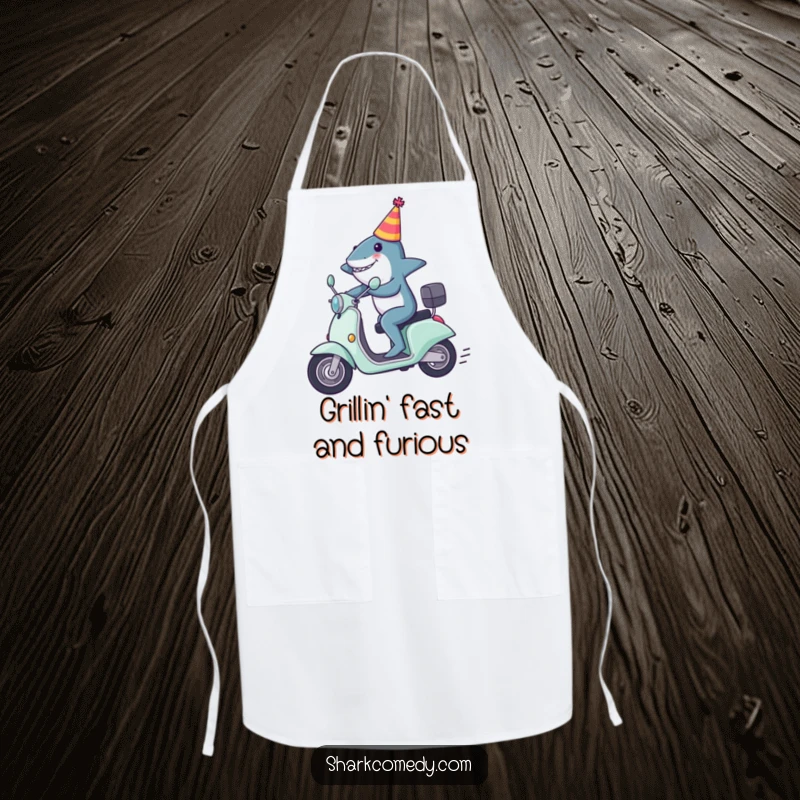 Funny shark apron with a shark in a party hat zooming on a scooter, designed for cooks who love speed and fun.