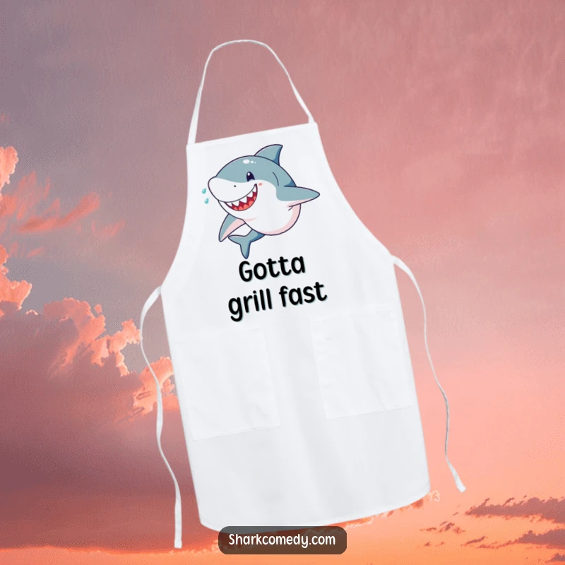 Funny apron featuring a happy, determined shark sprinting with sweat flying, perfect for the kitchen enthusiast who moves fast.