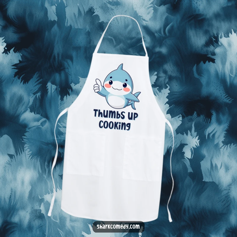 Funny Apron featuring a shark with rosy cheeks giving a thumbs up, ideal for positive cooking.