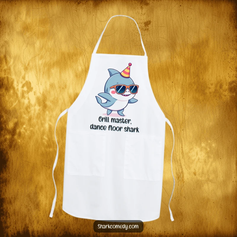 Funny shark wearing oversized sunglasses and a tiny party hat, dancing while adorning a practical and humorous kitchen apron.