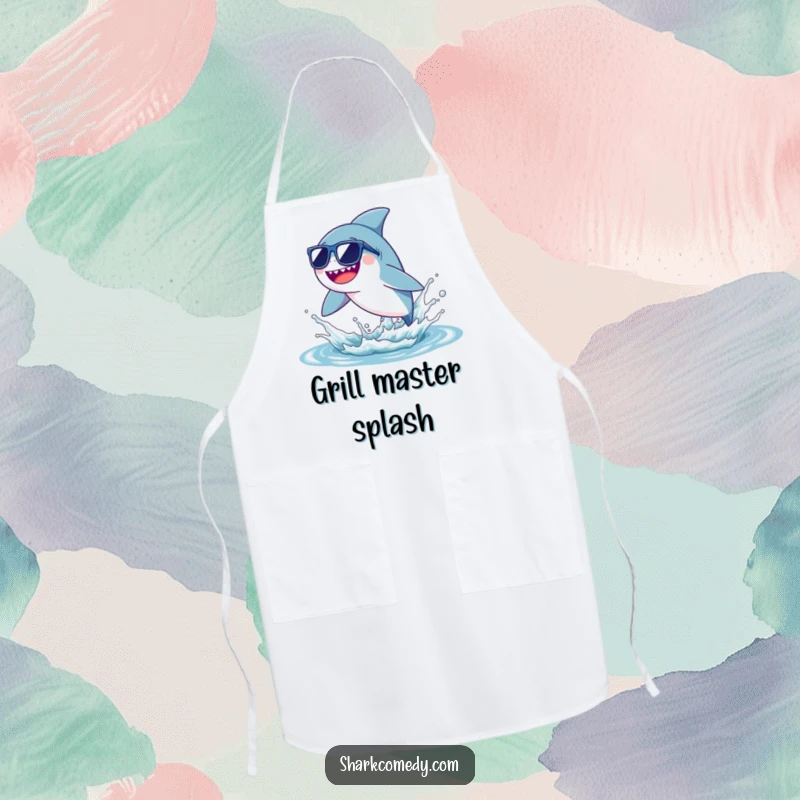 Funny tiny shark apron featuring a shark in sunglasses leaping from a water splash, ideal for kitchen use and humorous gifting.