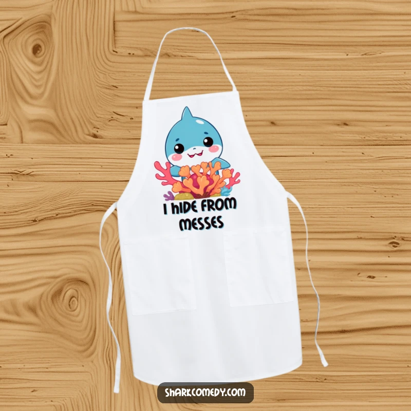 Funny Kawaii Shark Apron: Cute apron with a kawaii shark peeking from coral, perfect for kitchen adventures.