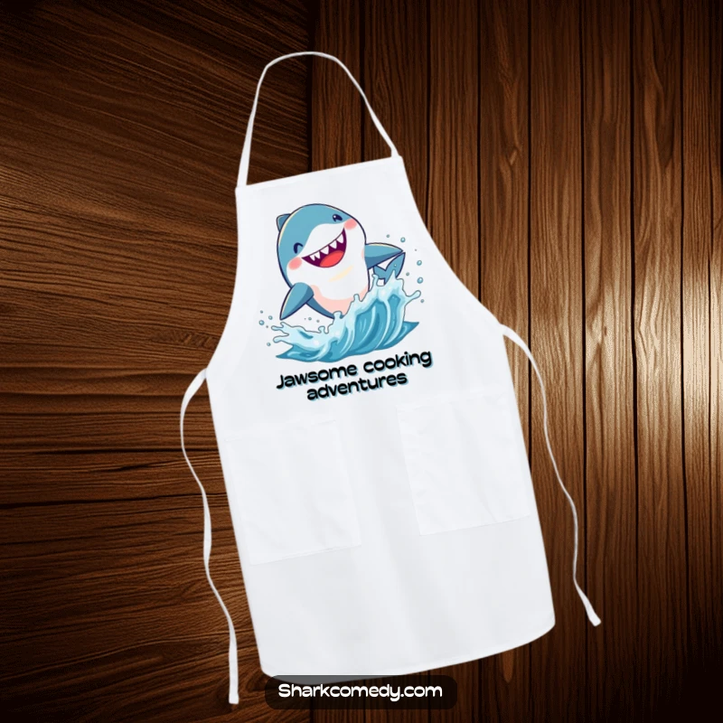 Funny Kawaii shark apron, a cute shark leaping enthusiastically from splashing water, ready for kitchen adventures.