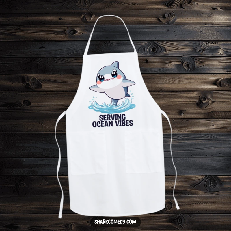 Cute kawaii shark apron showing a shark with wide eyes, joyfully leaping from water, ready for kitchen fun.