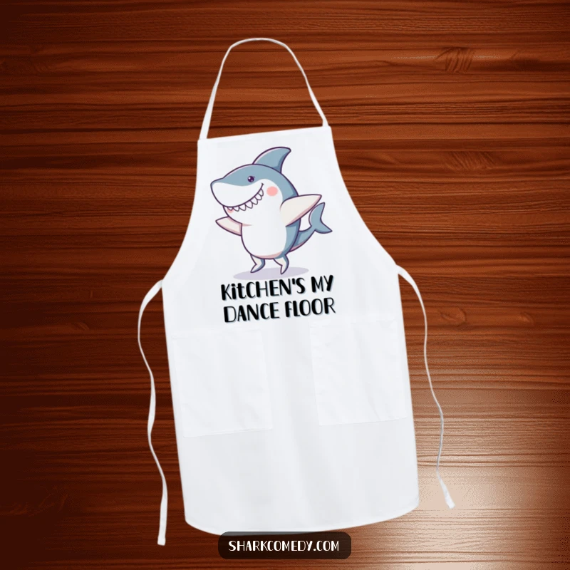 Funny apron featuring a shark doing a clumsy dance while cooking, with a goofy smile and wobbly fins, ready for kitchen fun.