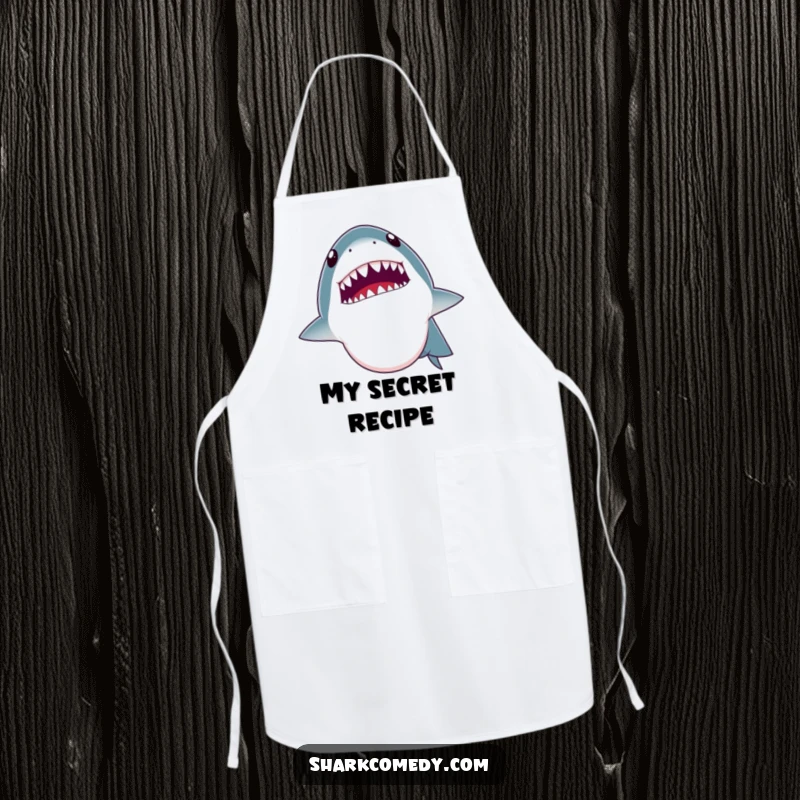 Funny apron featuring a shark opening its mouth wide as if telling a joke, revealing tiny teeth. Great for kitchen humor.