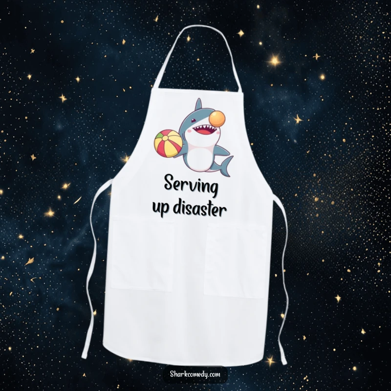 Funny apron featuring a shark with comically tiny arms attempting to balance a beach ball on its nose. Great for laughs in the kitchen.