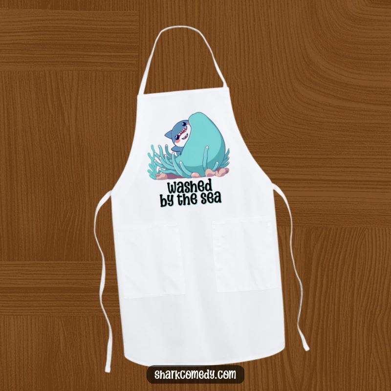 Funny shy shark character peeking out from a giant, smiling sea anemone, adorning a practical and humorous kitchen apron.