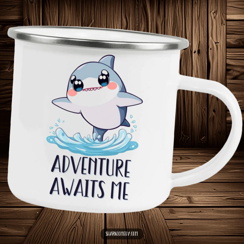 Enamel camping mug featuring a kawaii shark with wide eyes, joyfully leaping from water, perfect for outdoor enthusiasts who love cute designs.
