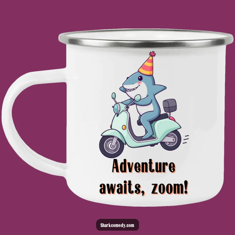 Funny Shark Scooter Camping Mug: Adventure Fuel, Party Hat, Funny Gift