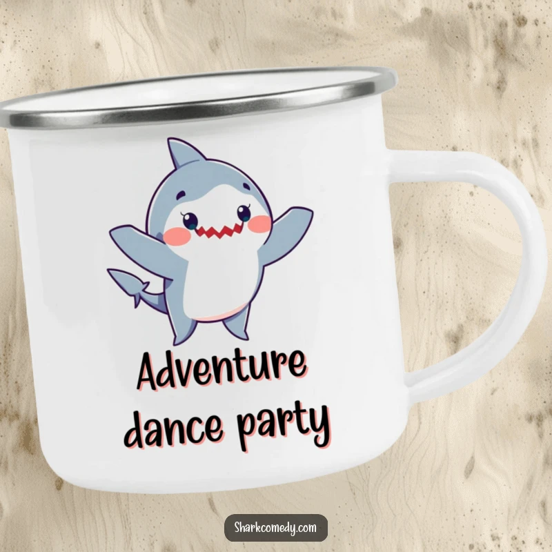 Funny enamel camping mug showcasing a happy shark doing a silly dance with arms waving, perfect for outdoor enthusiasts.