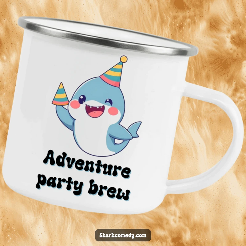 Funny Camping Mug: A kawaii shark wearing a party hat looks excited, perfect for humorous outdoor sipping.