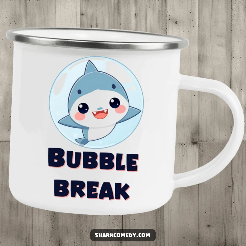 Funny kawaii shark peeking from behind a bubble on a rugged enamel camping mug, ready for any outdoor excursion.