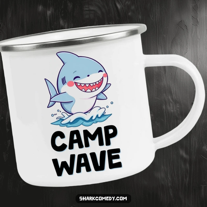 Funny kawaii shark with a silly grin riding a small wave on a rugged enamel camping mug, perfect for the outdoors.