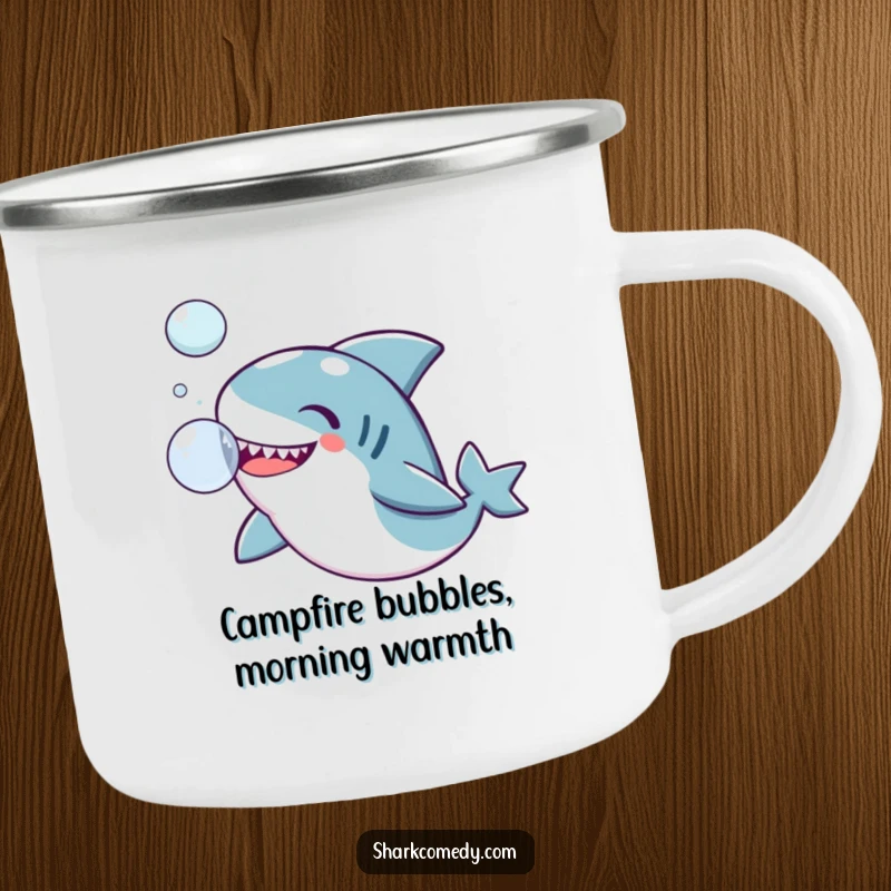 Funny Kawaii shark camping mug, a cute shark joyfully playing with a bubble, perfect for humorous outdoor moments.