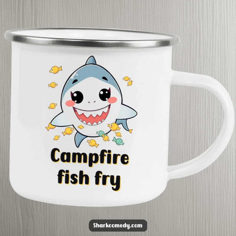 Funny camping mug depicting a kawaii shark with a wide grin juggling tiny fish, ideal for outdoor adventures and adding a touch of humor.