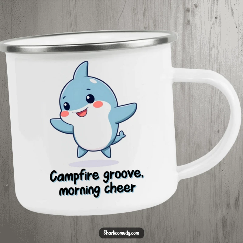 Funny Kawaii shark camping mug, a cute shark doing a silly dance with fins waving, perfect for humorous outdoor moments.
