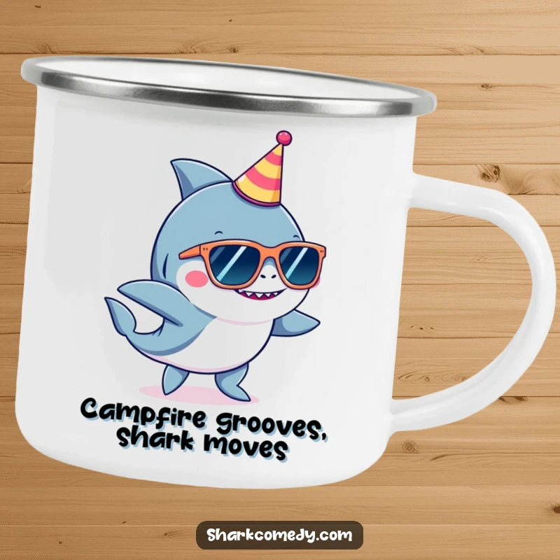 Funny shark wearing oversized sunglasses and a tiny party hat, dancing on a durable enamel camping mug.