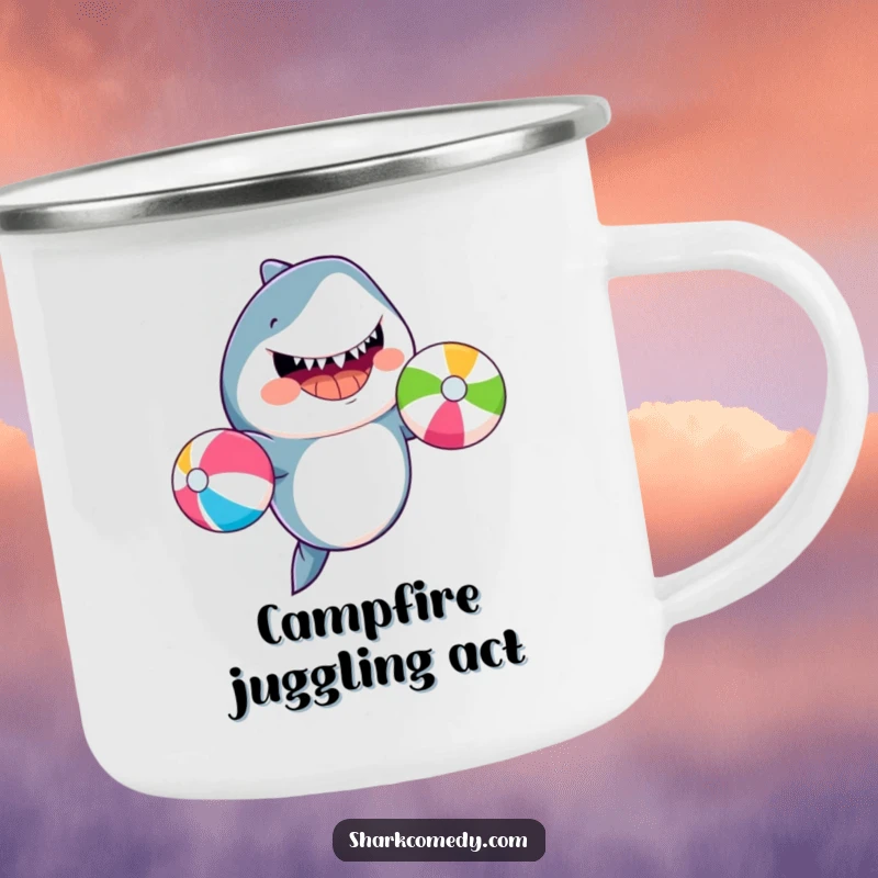 Funny shark juggling beach balls, depicted on a durable camping mug, adding humor to outdoor beverage enjoyment.