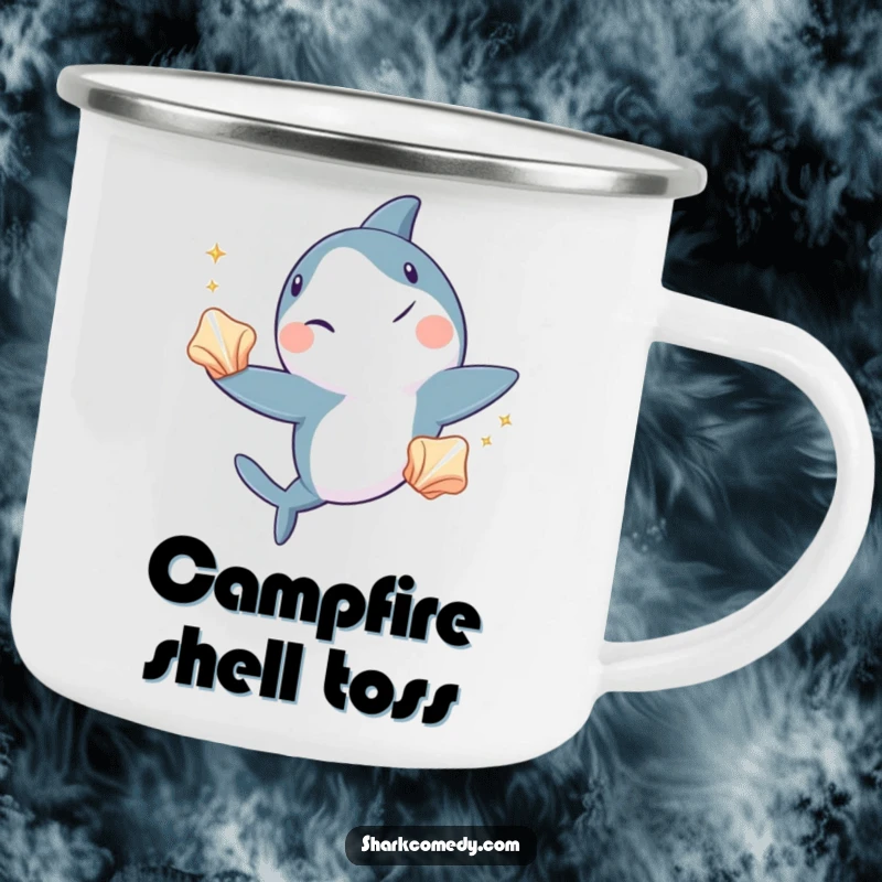 Funny shark camping mug, a durable mug showing a shark winking and juggling three shiny seashells, perfect for adventurous sea lovers.