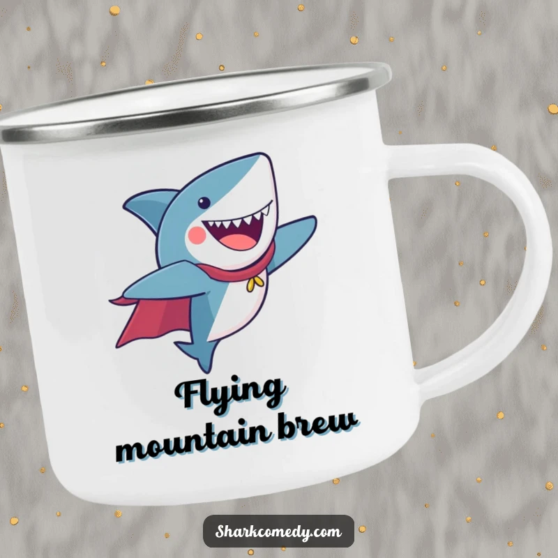 Funny Camping Mug with a shark wearing a cape, flying joyfully, great for outdoor adventures.