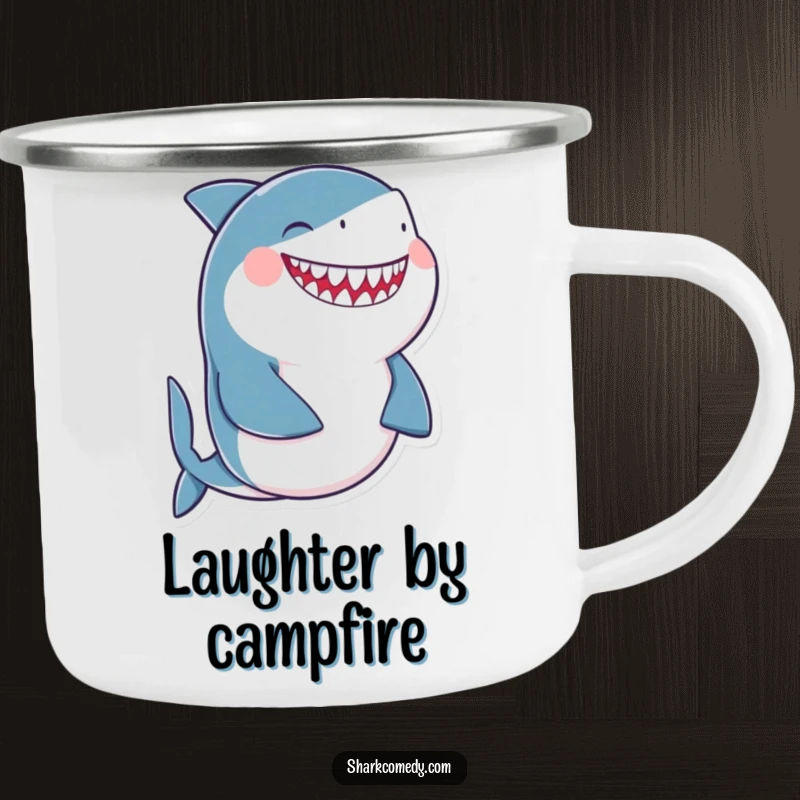 Funny giggling shark camping mug showing a shark laughing uncontrollably with its belly, perfect for enjoying laughs outdoors.