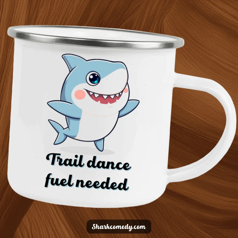 Funny camping mug showcasing a googly-eyed shark performing an energetic, silly dance, perfect for outdoor enthusiasts who love humor.