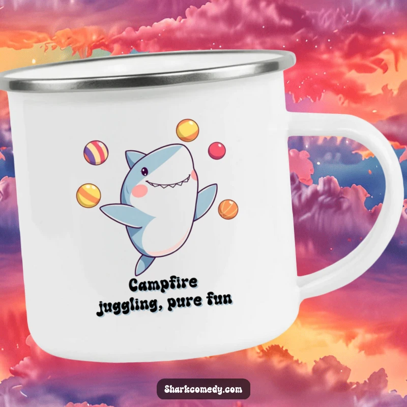 Funny camping mug showing a shark delightedly juggling colorful balls with its fins, perfect for outdoor entertainment.