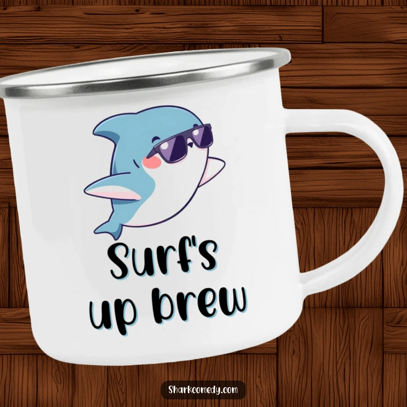 Funny kawaii shark wearing sunglasses doing a playful flip on a camping mug, ready for campfire stories and outdoor fun.
