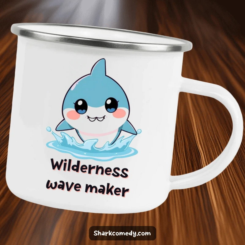 Funny enamel camping mug featuring a kawaii shark with big eyes, ready to splash, perfect for outdoor humor and gifting.