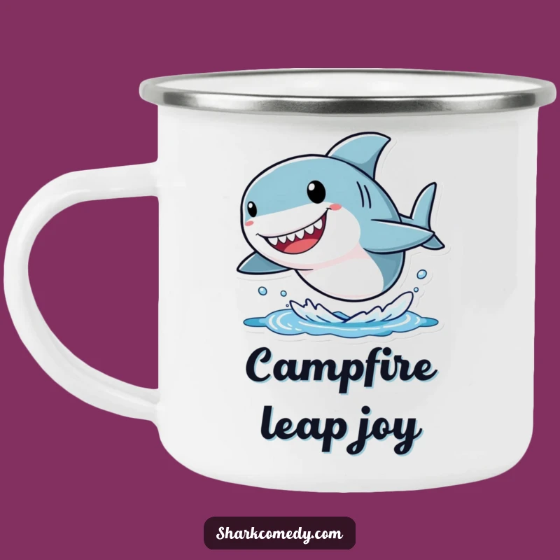 Funny Shark Camping Mug: Joyful Leaping Character with Big Head, Outdoor Fun