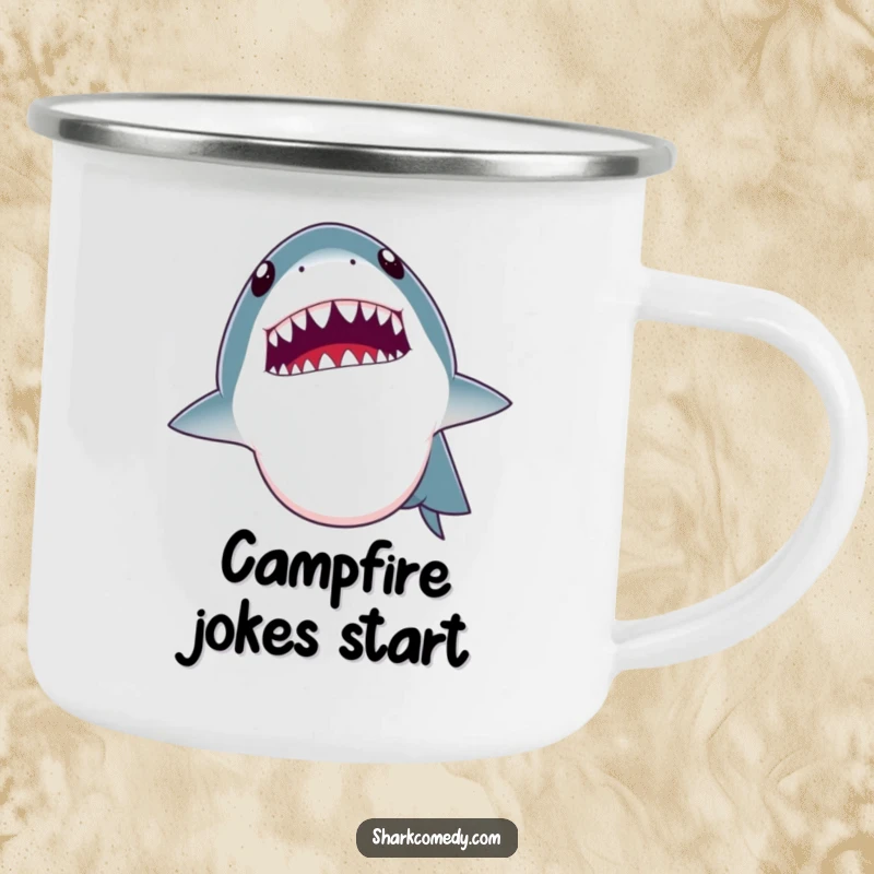 Funny camping mug: a shark opening its mouth wide as if telling a joke, showing tiny teeth. Durable and humorous for adventures.