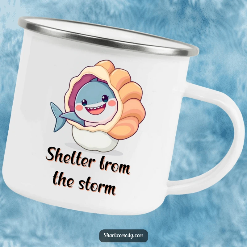 Funny camping mug: a happy shark peeking from behind a large, colorful seashell. Durable and humorous for outdoor use.