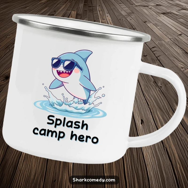 Funny enamel camping mug featuring a tiny shark in sunglasses leaping from a water splash, perfect for outdoor humor and gifting.
