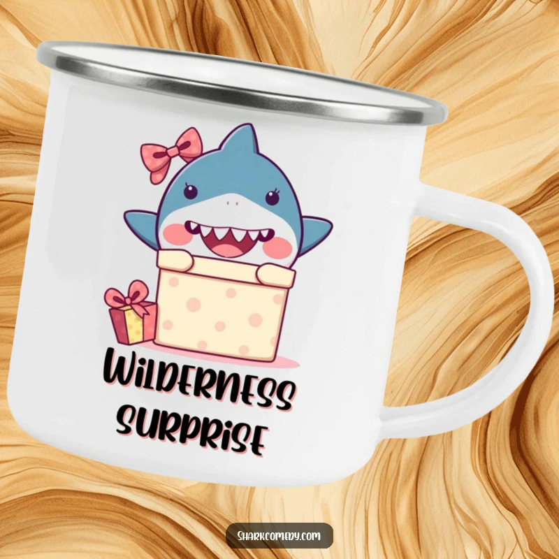 Funny enamel camping mug featuring a kawaii shark peeking from a gift box with surprise, perfect for outdoor humor and gifting.